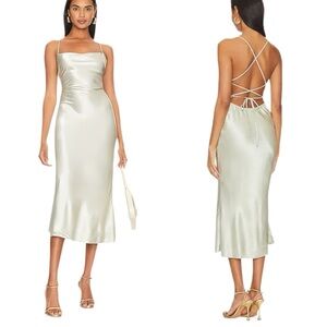 Stone Cold Fox Cassie Sage Green Satin Viscose Crisscross Back Midi Dress XS